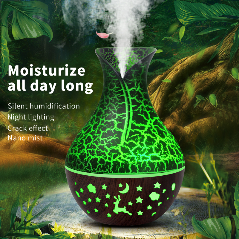 Model QH216 Vase Humidifier Manufacturer, 150ml USB Mini Humidifier with 7-Color LED Light, Wood Grain Design