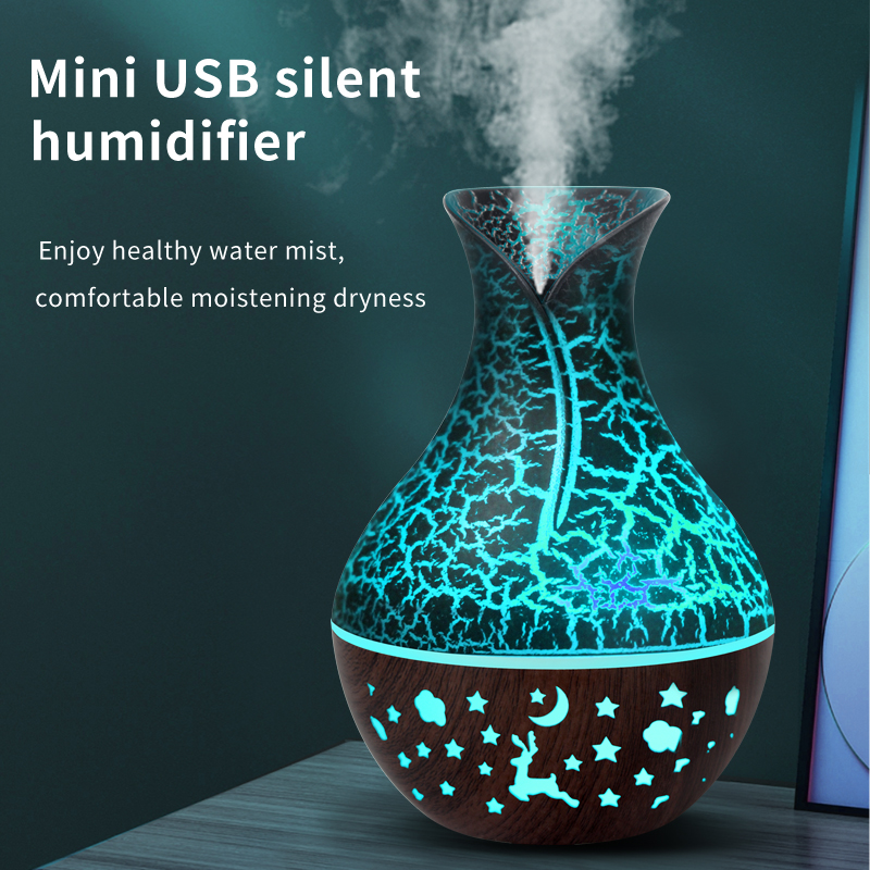 Model QH216 Vase Humidifier Manufacturer, 150ml USB Mini Humidifier with 7-Color LED Light, Wood Grain Design