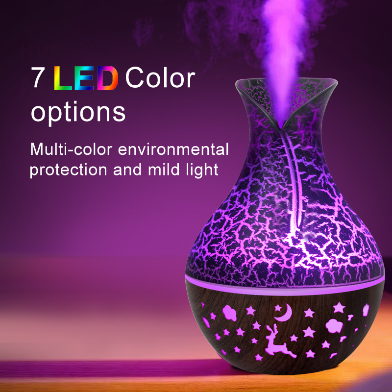 Model QH216 Vase Humidifier Manufacturer, 150ml USB Mini Humidifier with 7-Color LED Light, Wood Grain Design