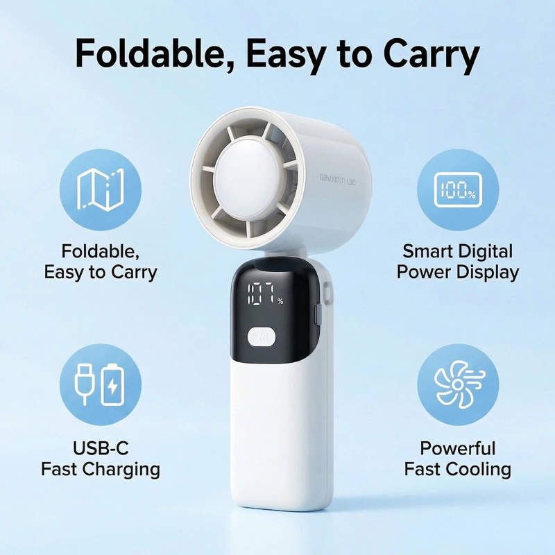 Model S19 Foldable Handheld Fan, OEM/ODM Supported, with Complete Accessories