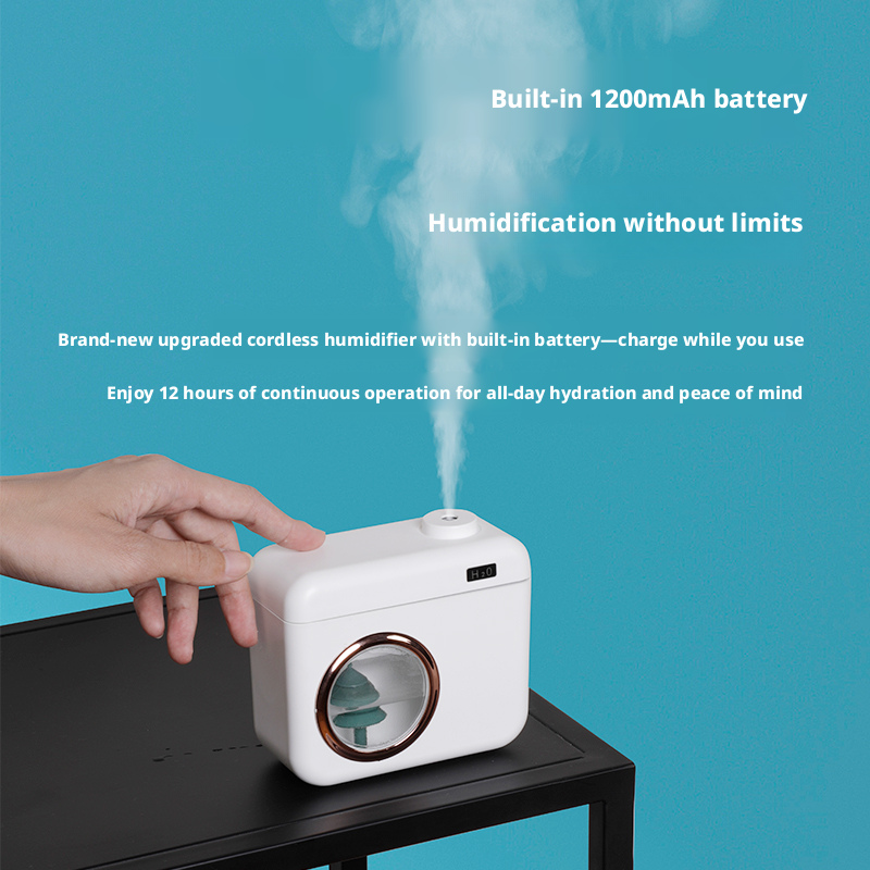 Model 822 Camera-Shaped Humidifier Manufacturer, 400ml Rechargeable Humidifier with Cute Cactus View