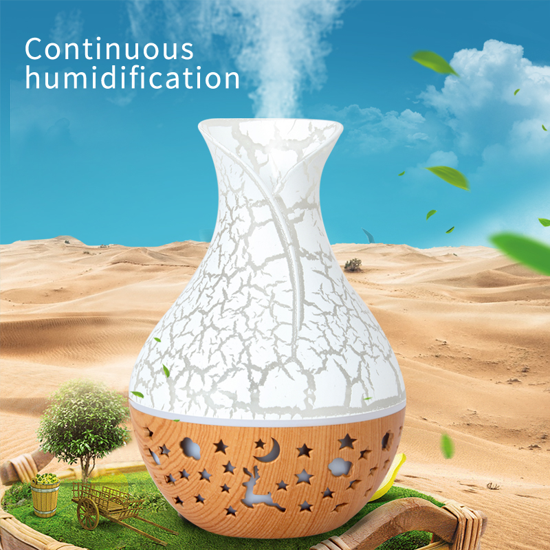 Model QH216 Vase Humidifier Manufacturer, 150ml USB Mini Humidifier with 7-Color LED Light, Wood Grain Design
