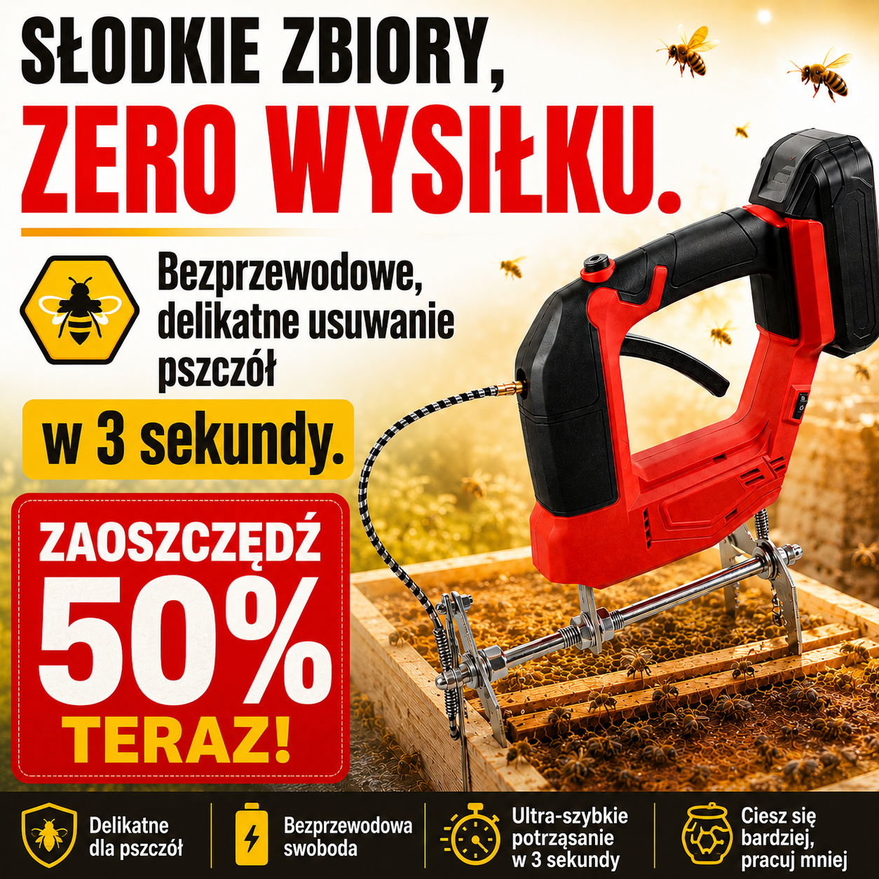 Bezprzewodowy elektryczny wytrząsacz do pszczół – narzędzie do zbioru miodu