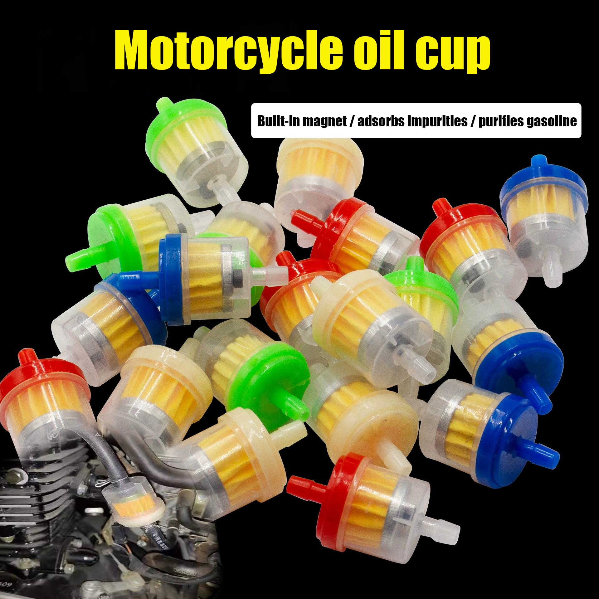 Motorcycle oil cup, gasoline filter, gasoline filter element with magnet filter element, steam filter, carburetor oil cup