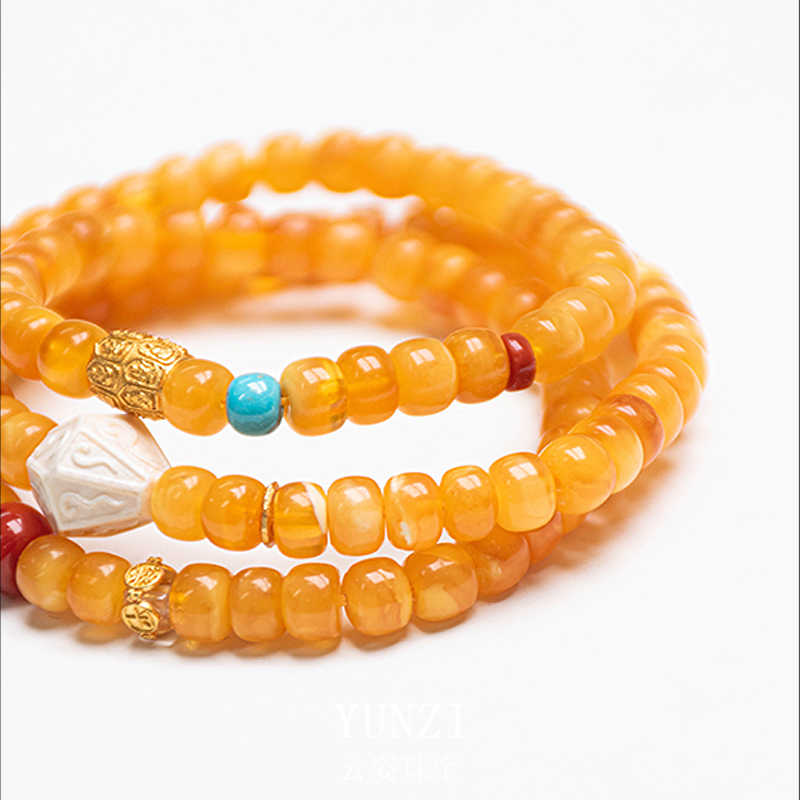 金漆白紋金紅蜜蠟多圈手串 帶證發貨