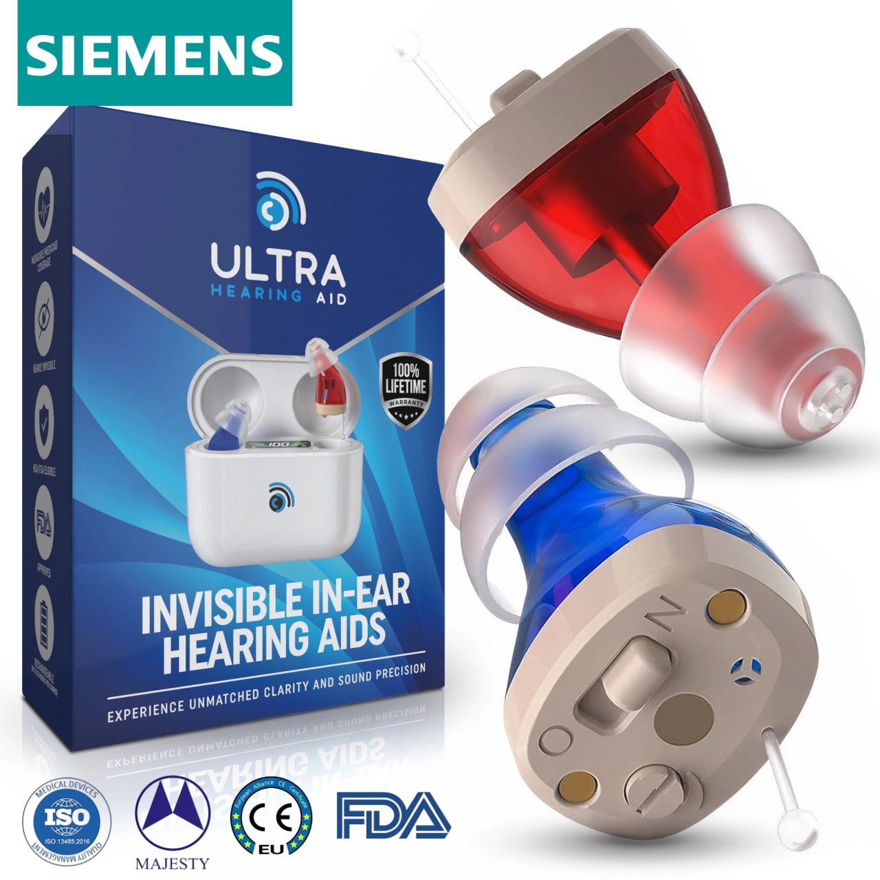 Volně prodejné naslouchátko Siemens Ultra – neviditelné, dobíjecí provedení CIC, schváleno FDASiemens Ultra 1-levé + pravé ucho [20-50 dB], dobapouziváni:12 hodin