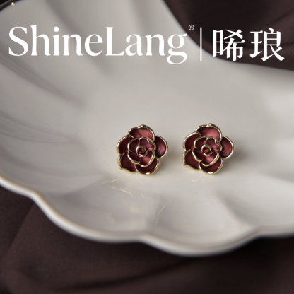 XL127-合金珐琅彩酒红山茶耳钉-豪哥