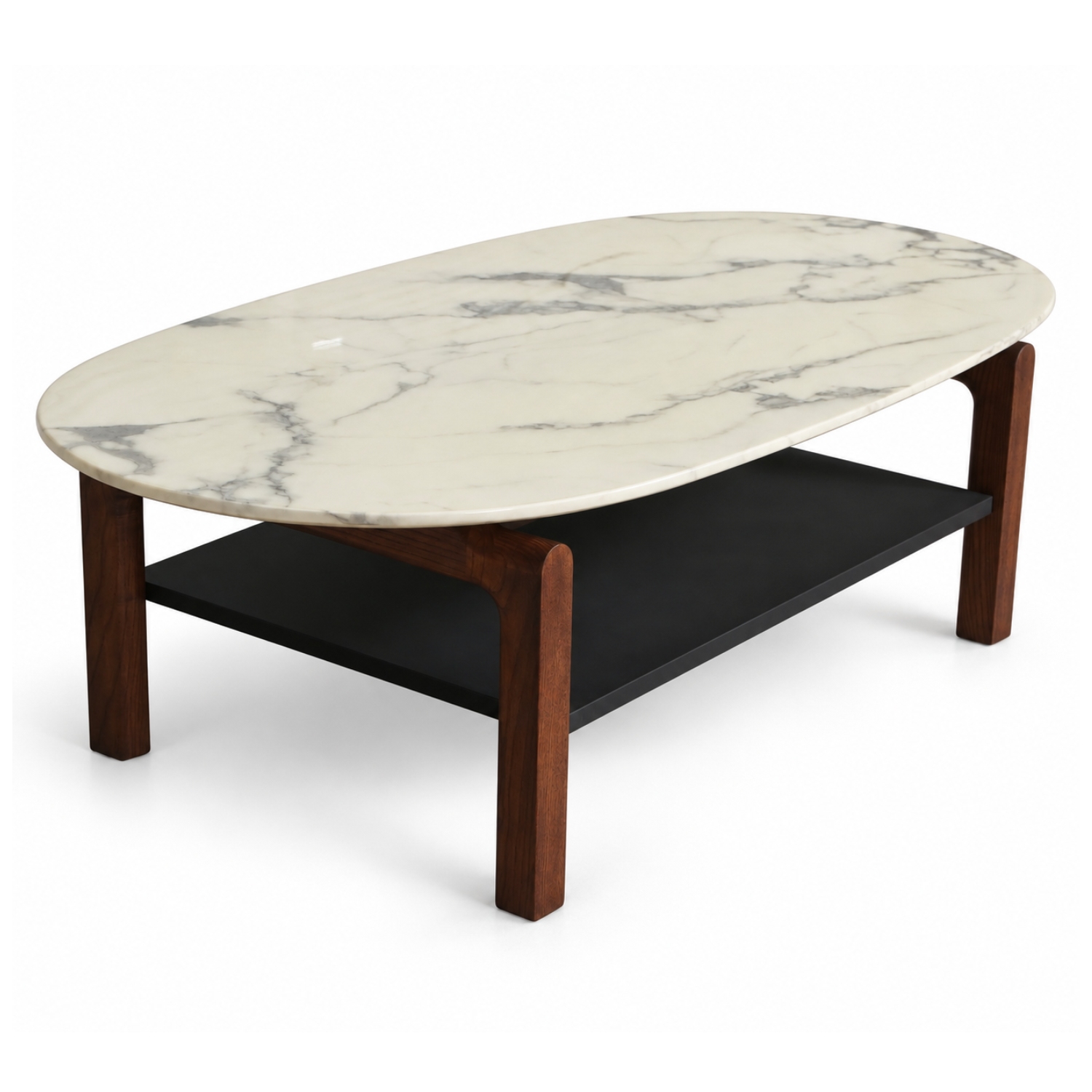 茶几｜TBL-0056｜SASA原创 / 椭圆大理石台面 × 原木框架 × 黑色金属层板 / 方圆过渡与材质平衡