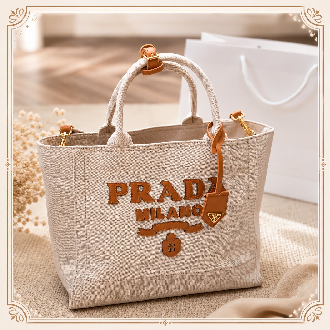 【☆送料関税込☆】PRADA キャンバスショッピングバッグ｜大容量＆上品デザイン✨男女兼用で大人気