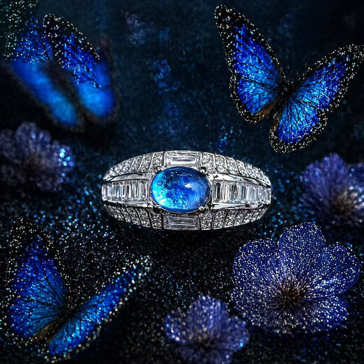 Diamond-encrusted large blue morpho butterfly ring
