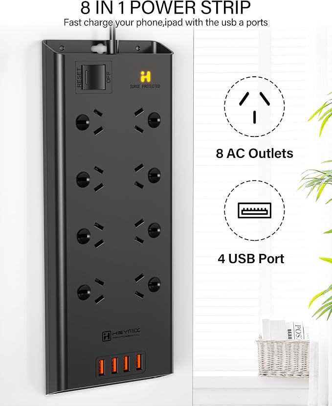HEYMIX 24W 4.8A Power Strip, 8 AC Outlets, Australian Standard Extension Board / Power Board / Extension Cord with 4 USB Charging Ports-auboard