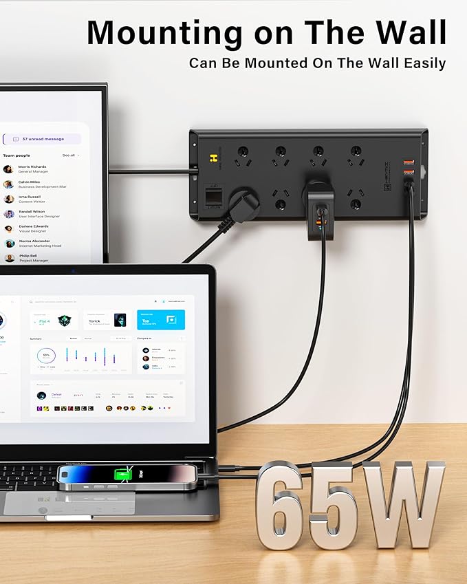 HEYMIX 65W USB PD Fast Charging Power Strip, 8 AC Outlets, Australian Standard Extension Board / Power Board / Extension Cord-auboard