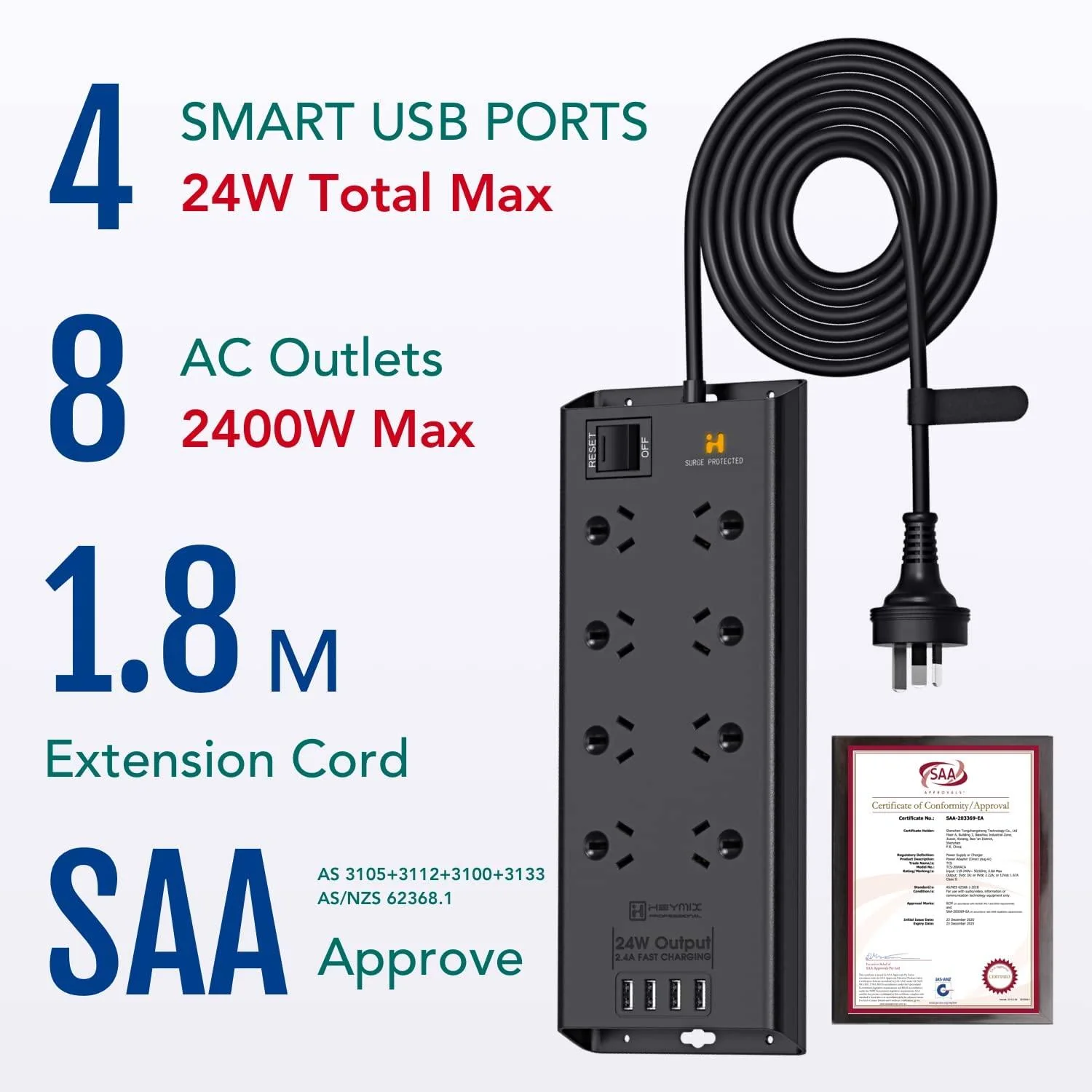 HEYMIX 24W 4.8A Power Strip, 8 AC Outlets, Australian Standard Extension Board / Power Board / Extension Cord with 4 USB Charging Ports-auboard