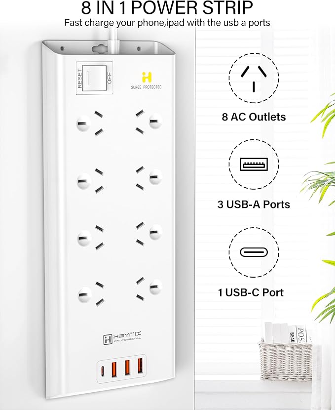 HEYMIX 45W USB PD Fast Charging Power Strip, 8 AC Outlets, Australian Standard Extension Board / Power Board / Extension Cord with 3A1C Charging Ports-auboard