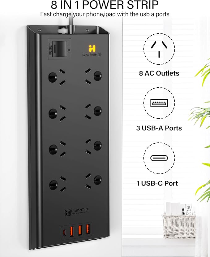 HEYMIX 45W USB PD Fast Charging Power Strip, 8 AC Outlets, Australian Standard Extension Board / Power Board / Extension Cord with 3A1C Charging Ports-auboard