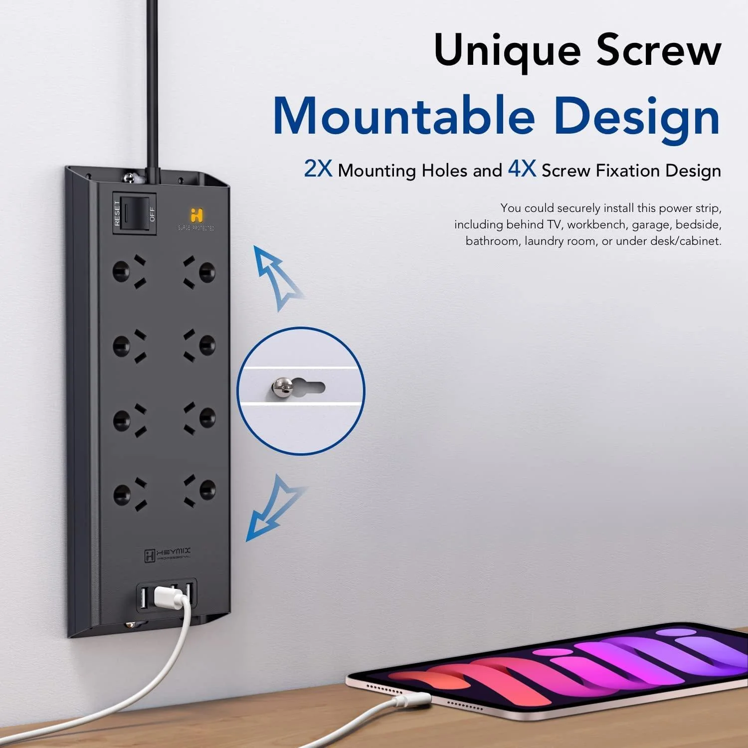 HEYMIX 24W 4.8A Power Strip, 8 AC Outlets, Australian Standard Extension Board / Power Board / Extension Cord with 4 USB Charging Ports-auboard