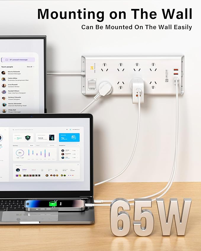 HEYMIX 65W USB PD Fast Charging Power Strip, 8 AC Outlets, Australian Standard Extension Board / Power Board / Extension Cord-auboard