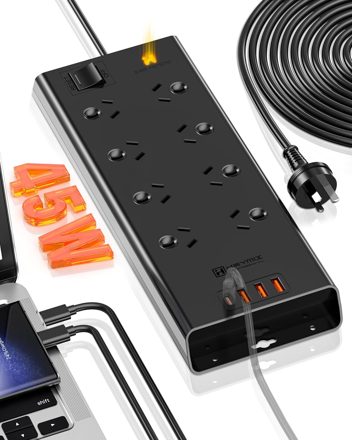 HEYMIX 45W USB PD Fast Charging Power Strip, 8 AC Outlets, Australian Standard Extension Board / Power Board / Extension Cord with 3A1C Charging Ports-auboard