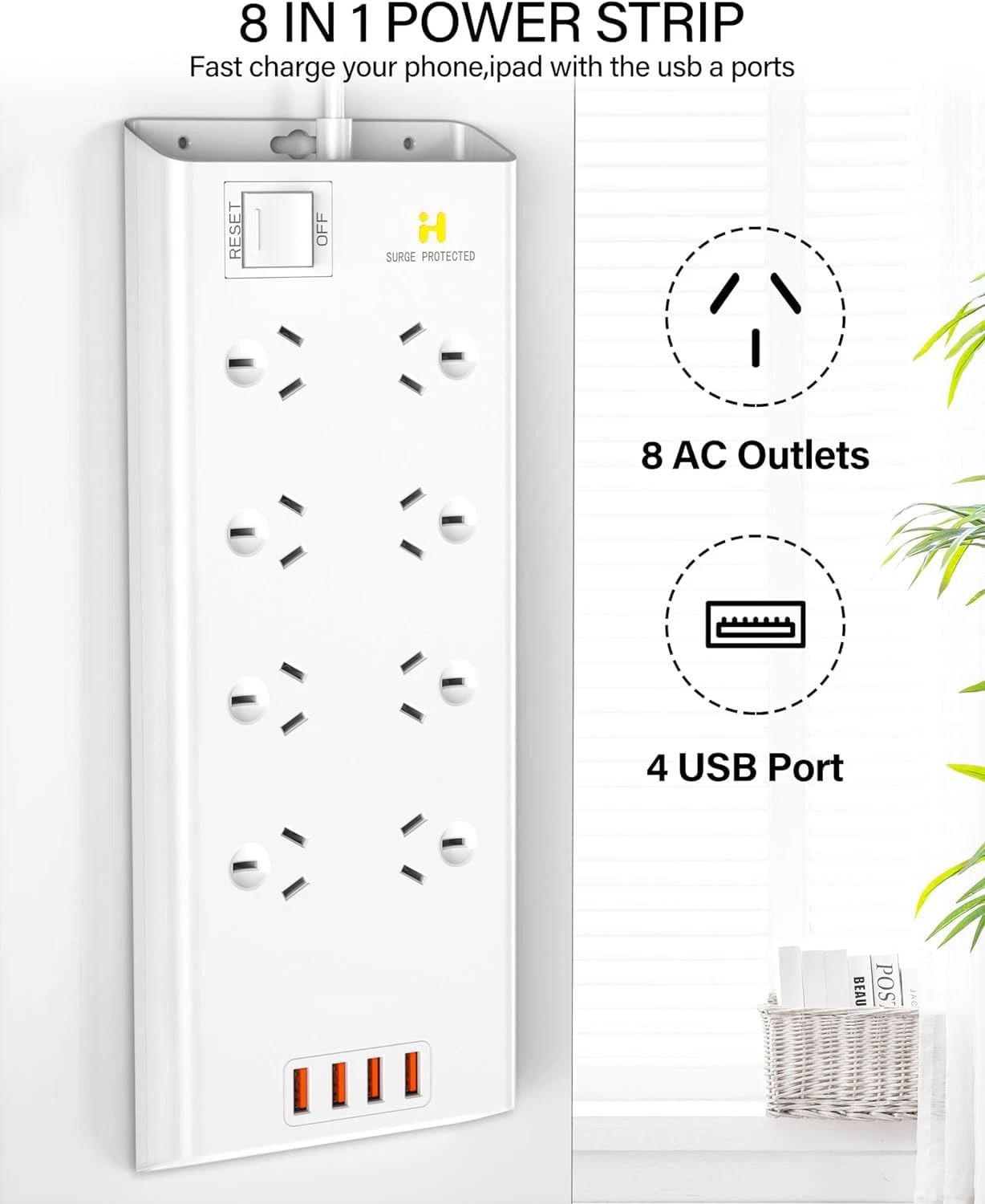 HEYMIX 24W 4.8A Power Strip, 8 AC Outlets, Australian Standard Extension Board / Power Board / Extension Cord with 4 USB Charging Ports-auboard