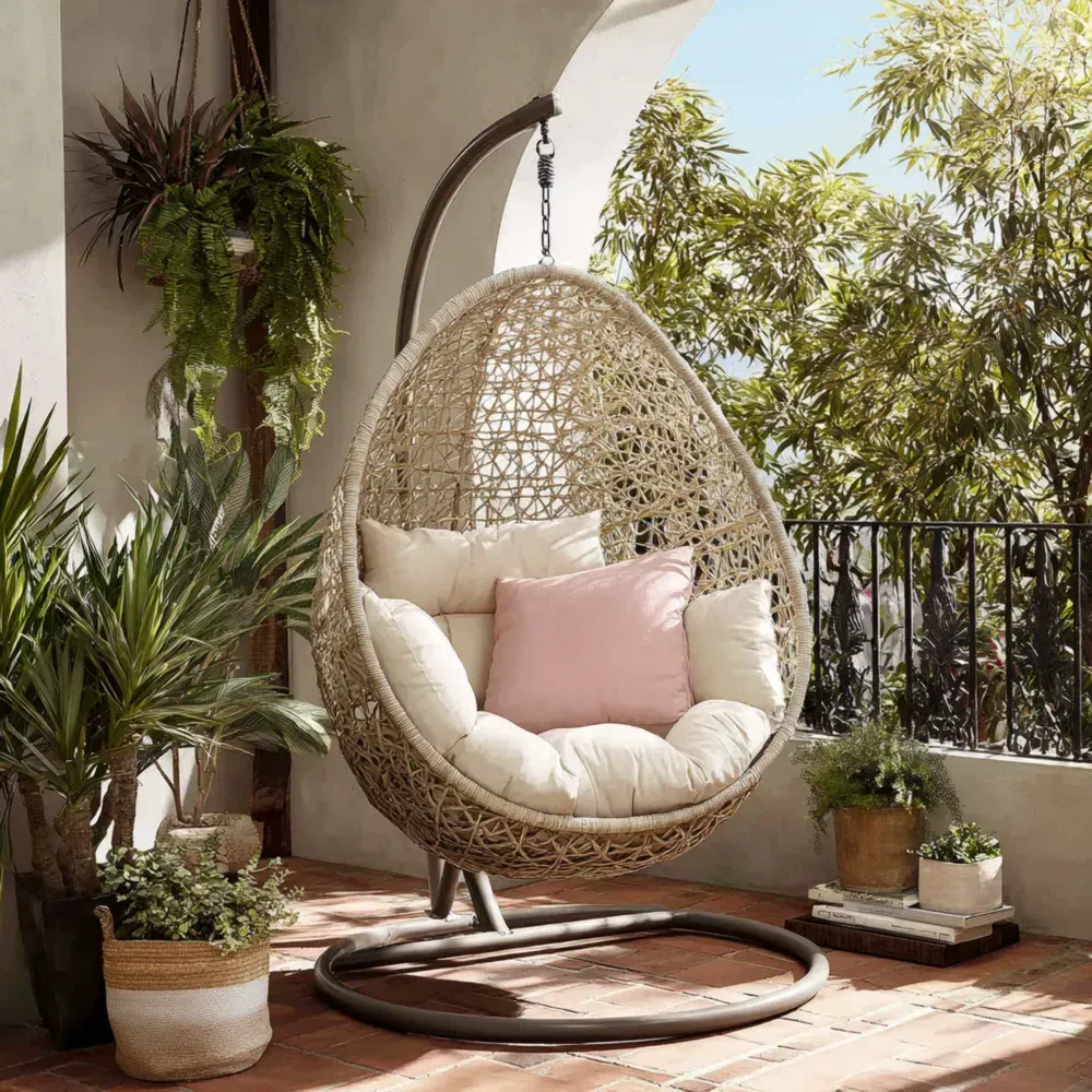 ハンギングチェア 人工ラタン製 クッション付き 屋外/屋内用 100x100x195cm – エクステリアデザイン