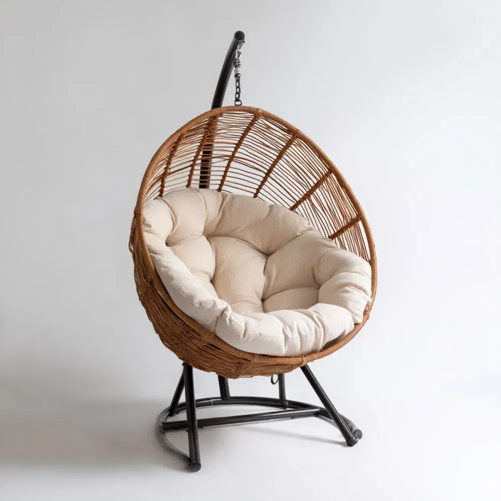 ハンギングチェア ラタン合成繊維 クッション付き ベージュ - 105x105x195 cm ユリカゴデザイン