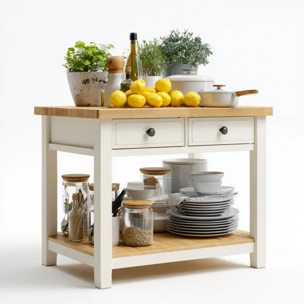 キッチンアイランド 木製 100x60x90 cm – ナチュラルホワイト – 収納引き出し付き