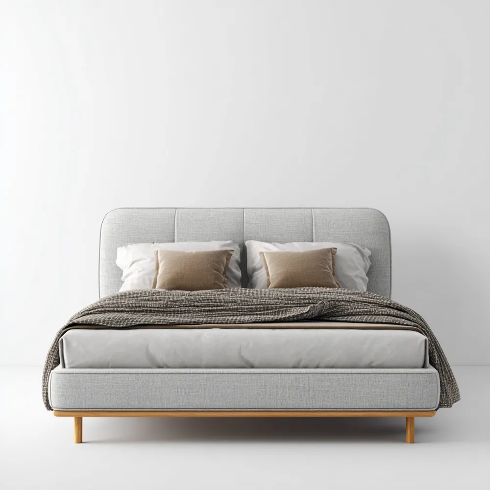 ダブルベッド ファブリックグレー ウッドスタイル 160x200x100 cm