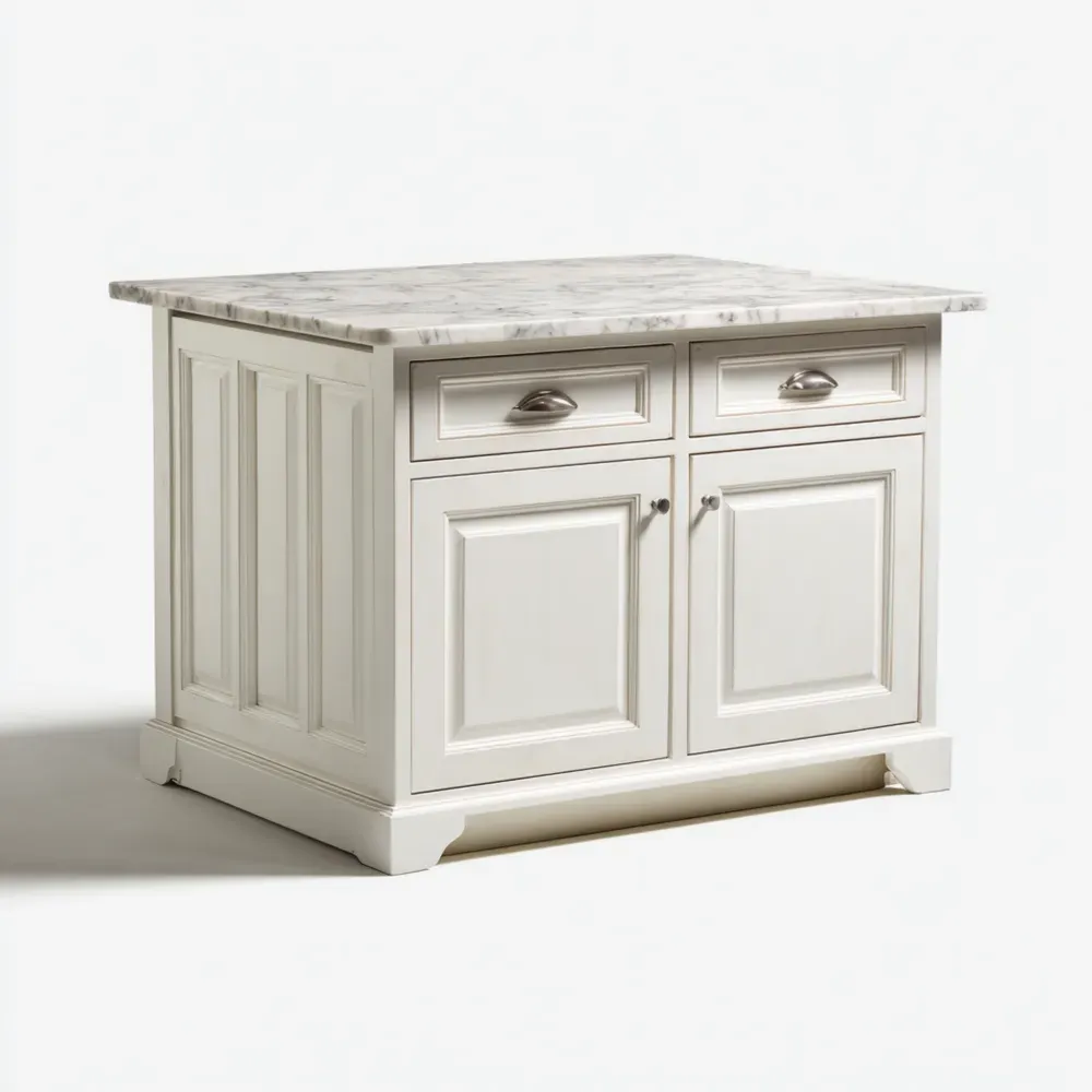クラシックデザイン キッチンアイランド 大理石天板 120x80x92 cm - ホワイト