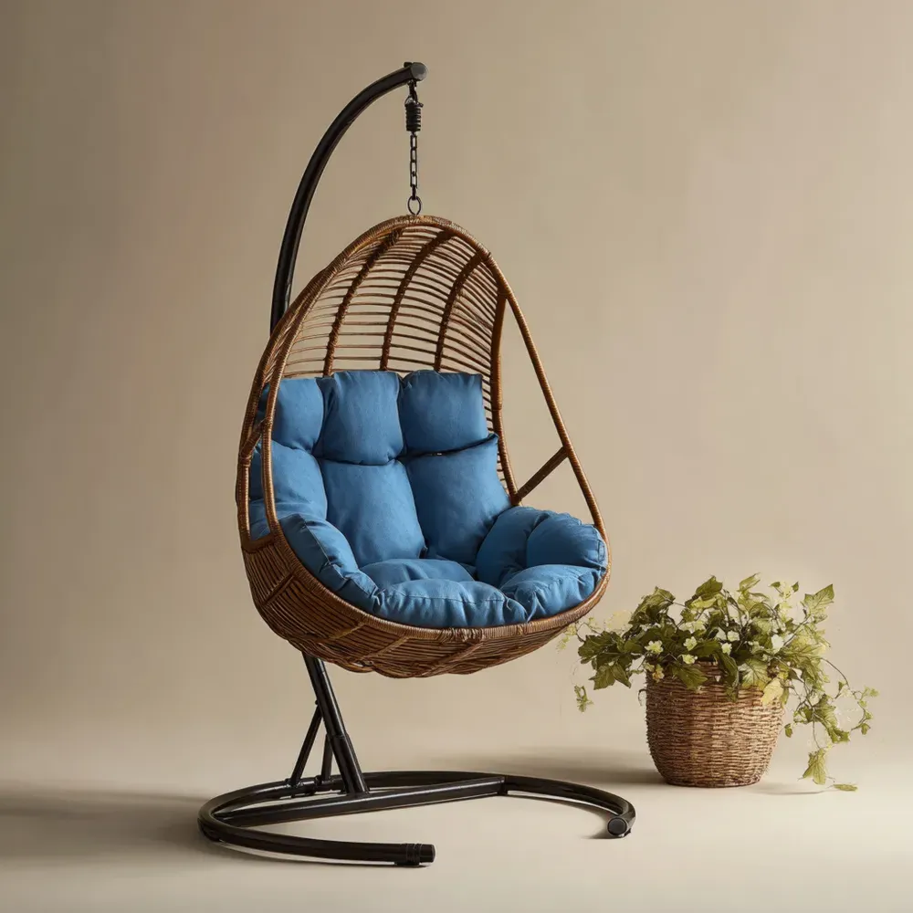 ハンギングチェア スチールフレーム 115x98x72 cm – ブルー クッション付き 屋内外兼用