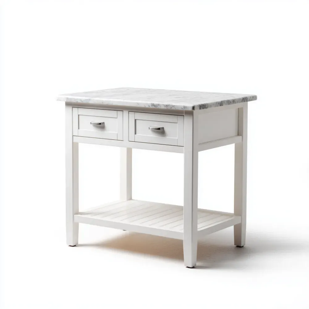 キッチンアイランド 大理石天板 100x60x90 cm – ホワイト – 引き出し付き