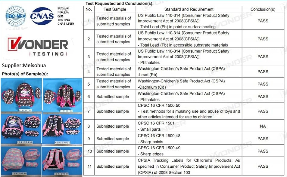 {"default":"CPC Children's Product Certificate for swbackpack school bags. Verified backpack manufacturer by SGS & TUV. Compliant with Amazon quality standards & child safety regulations. High-quality, non-toxic backpacks & trolley bags for global wholesale buyers"}
