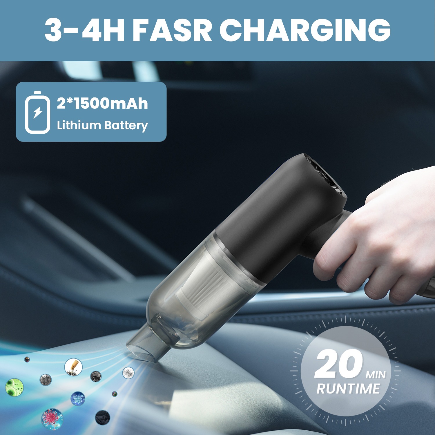 LEMOISTAR Portable Handheld Vacuum Cleaner, Mini Car Vacuum Cleaner Cordless 6000PA Suction, Rechargeable Battery Lightweight Hand Vacuum for Home and Car/Desk Office-Black