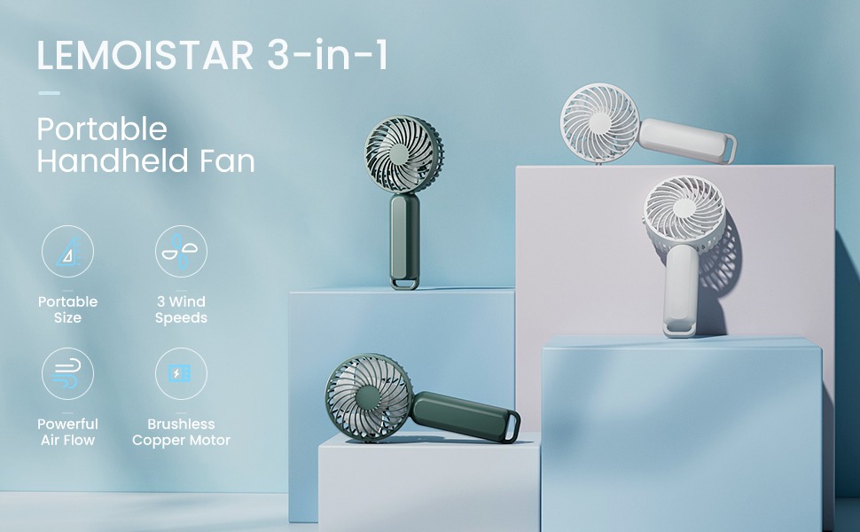 LEMOISTAR Handheld Mini Fan, 3 Speed Powerful Hand Fan, Small Pocket Fan, USB Rechargeable Battery Operated Personal Fan
