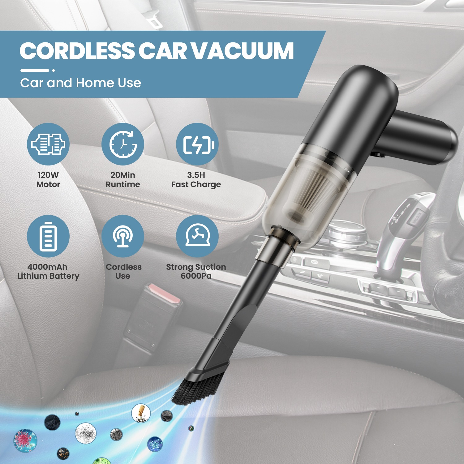 LEMOISTAR Portable Handheld Vacuum Cleaner, Mini Car Vacuum Cleaner Cordless 6000PA Suction, Rechargeable Battery Lightweight Hand Vacuum for Home and Car/Desk Office-Black