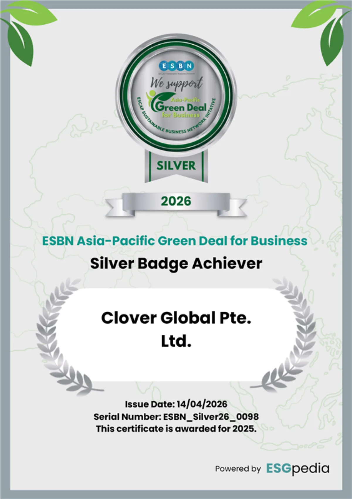 Clover Global Awarded the ESBN Asia-Pacific Green Deal Silver Badge for 2026