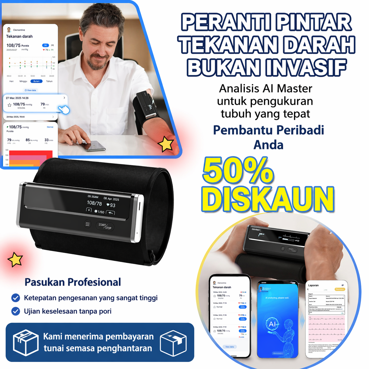 【12 dalam 1】Pemantau tekanan darah terkini, tidak invasif dan sangat pintar