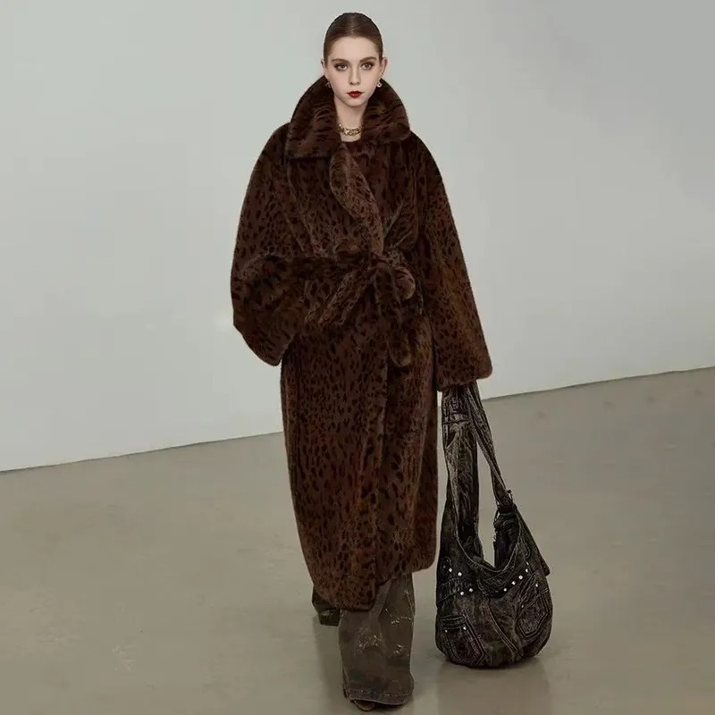 Women's Leopard Pattern Faux Fur Long Coat | FW-019