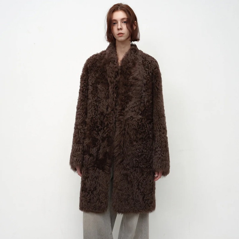 FW-030 Women's Curly Faux Fur Mid-Length Coat