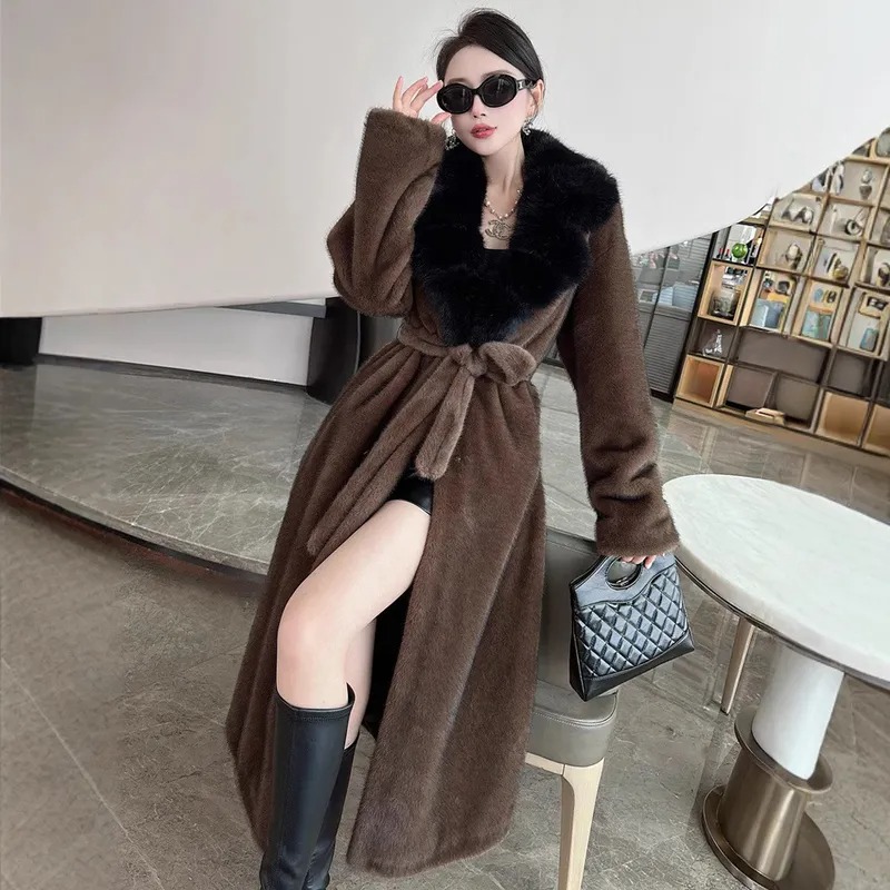 FW-033 Women's Belted Faux Fur Long Coat with Fur Collar