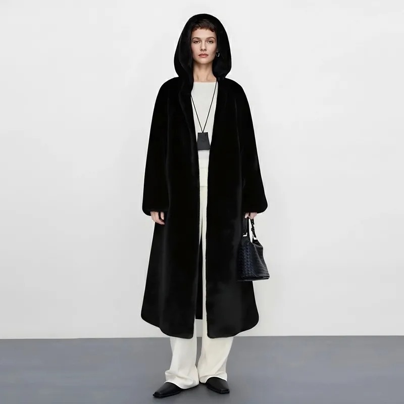 FW-034 Women's Hooded Faux Fur Belted Long Coat