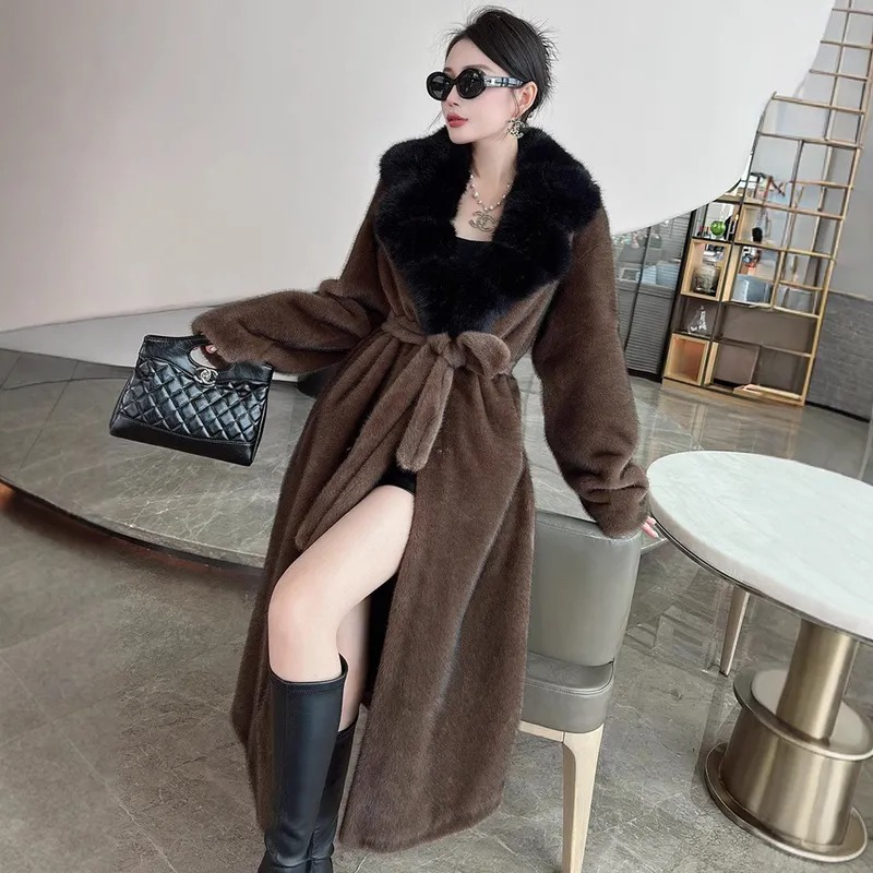 FW-033 Women's Belted Faux Fur Long Coat with Fur Collar