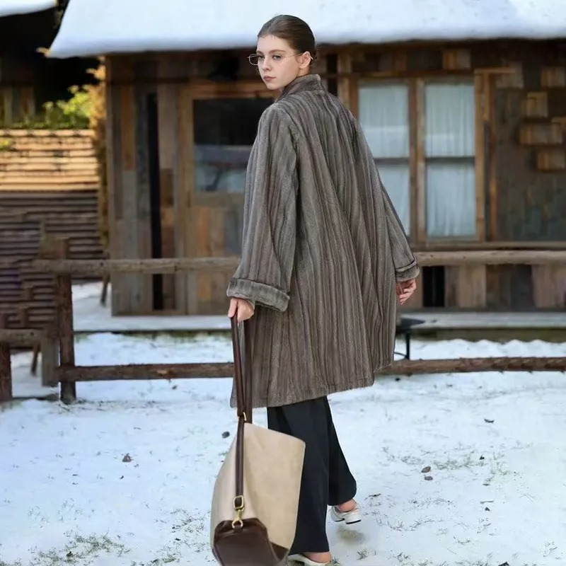 FW-037 Women's Plush Faux Fur Shawl Collar Coat
