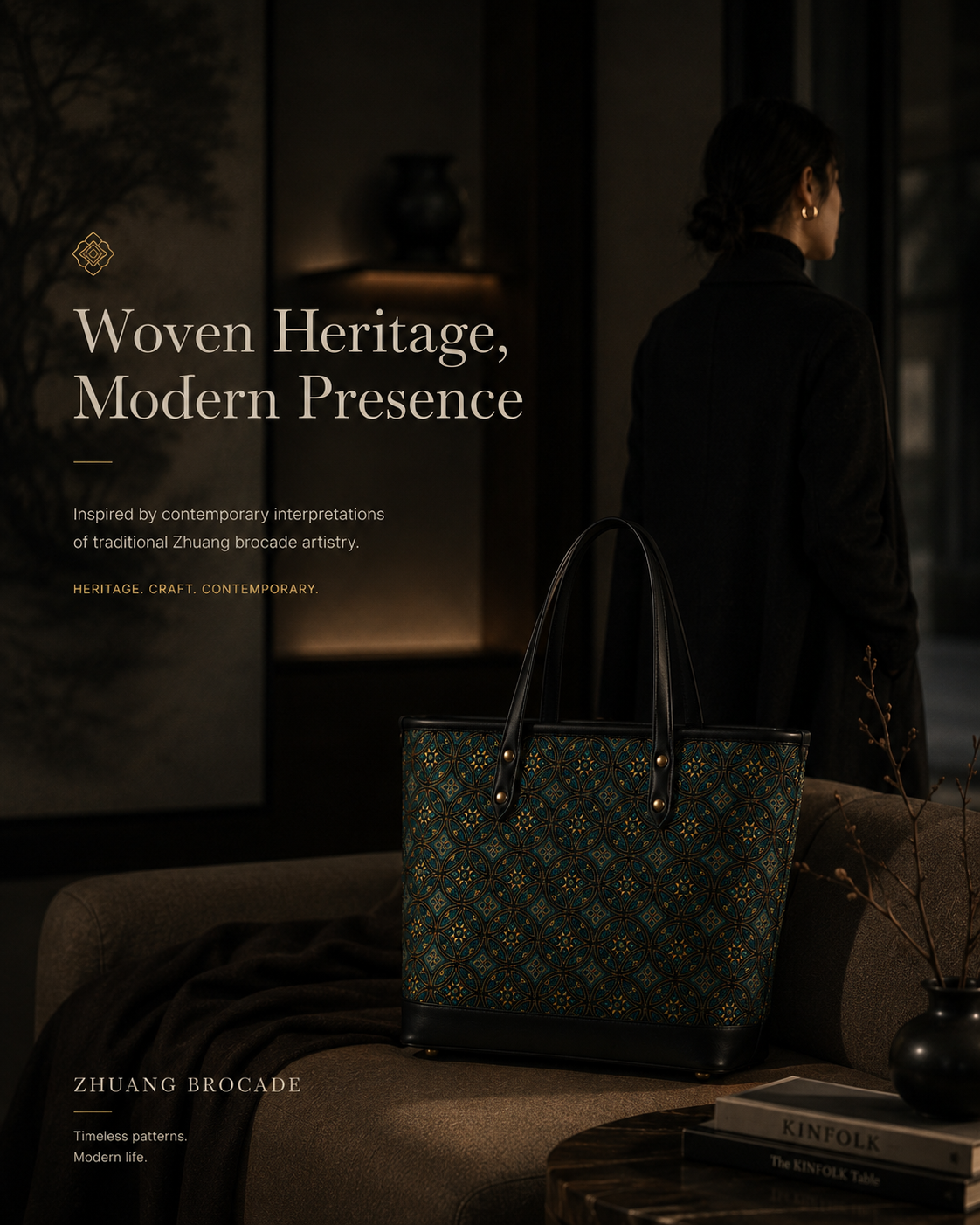 Handwoven Zhuang Brocade Flying Swallow Pattern Tote Bag, Traditional Ethnic Shoulder Handbag