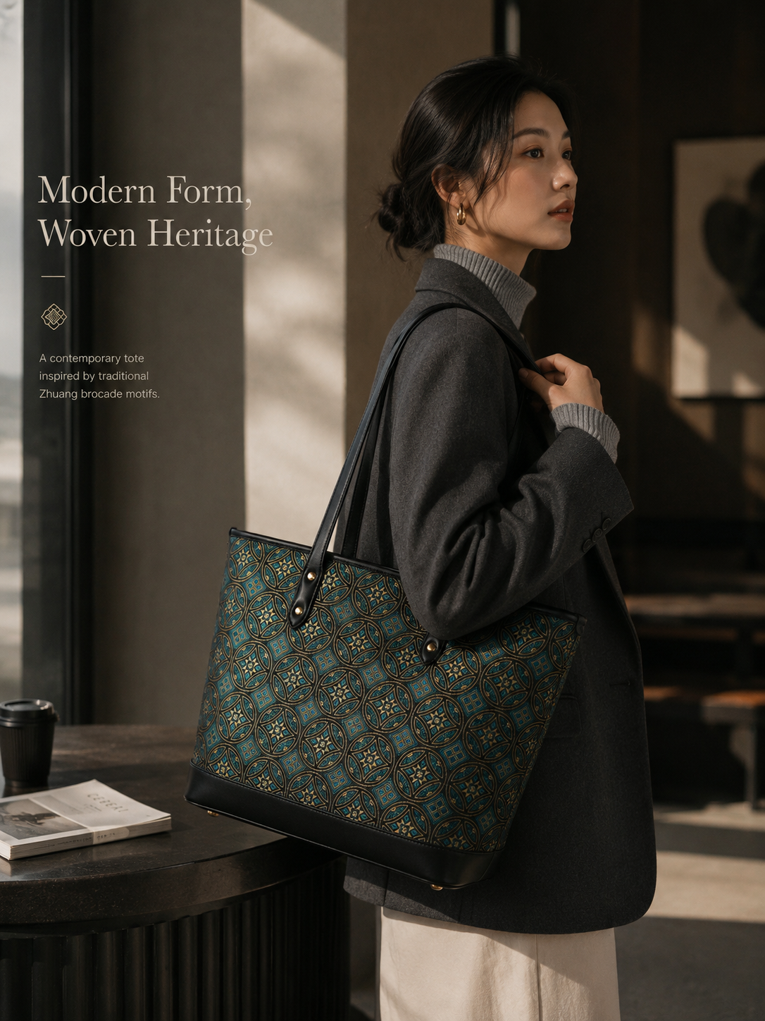 Handwoven Zhuang Brocade Flying Swallow Pattern Tote Bag, Traditional Ethnic Shoulder Handbag