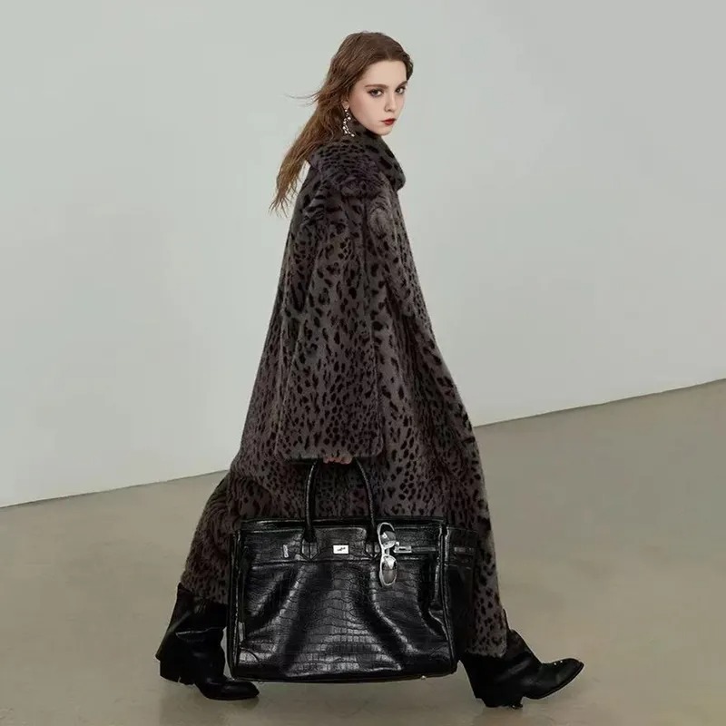 Women's Leopard Pattern Faux Fur Long Coat | FW-019