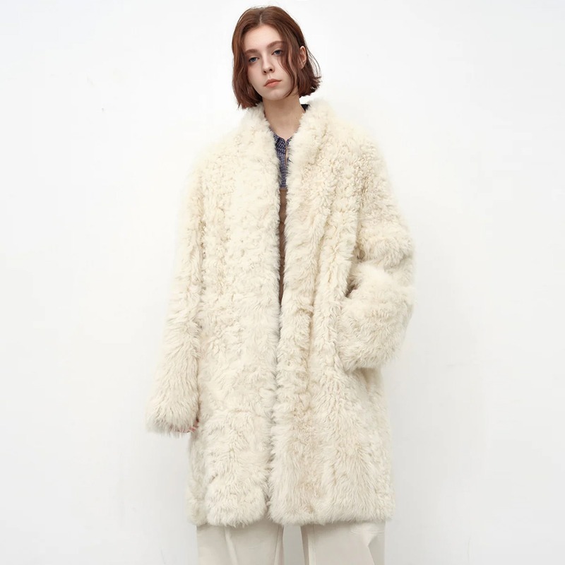 FW-030 Women's Curly Faux Fur Mid-Length Coat