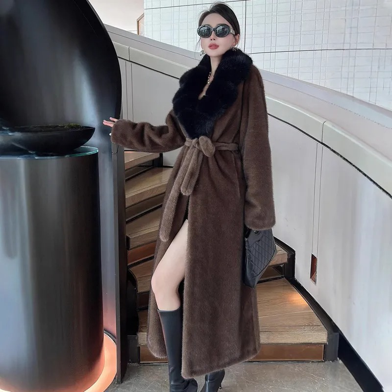 FW-033 Women's Belted Faux Fur Long Coat with Fur Collar
