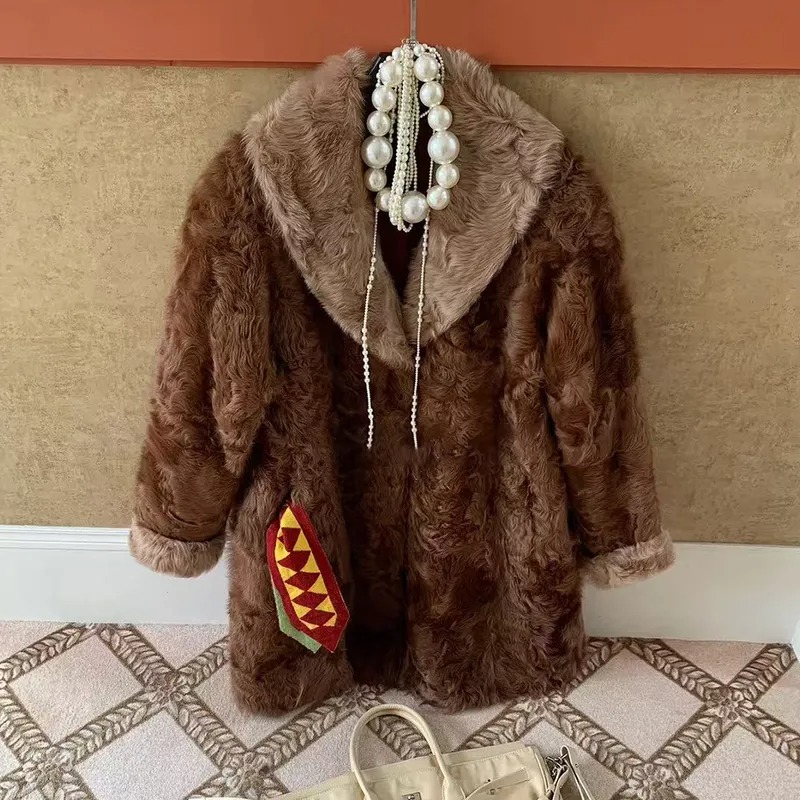FW-035 Women's Curly Faux Fur Shawl Collar Coat