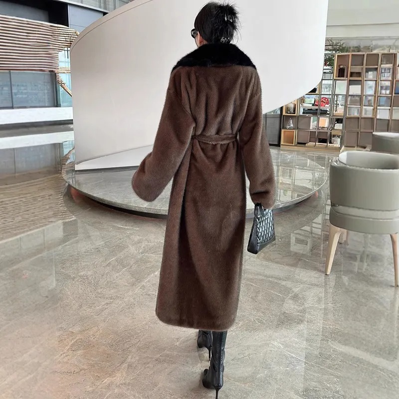 FW-033 Women's Belted Faux Fur Long Coat with Fur Collar