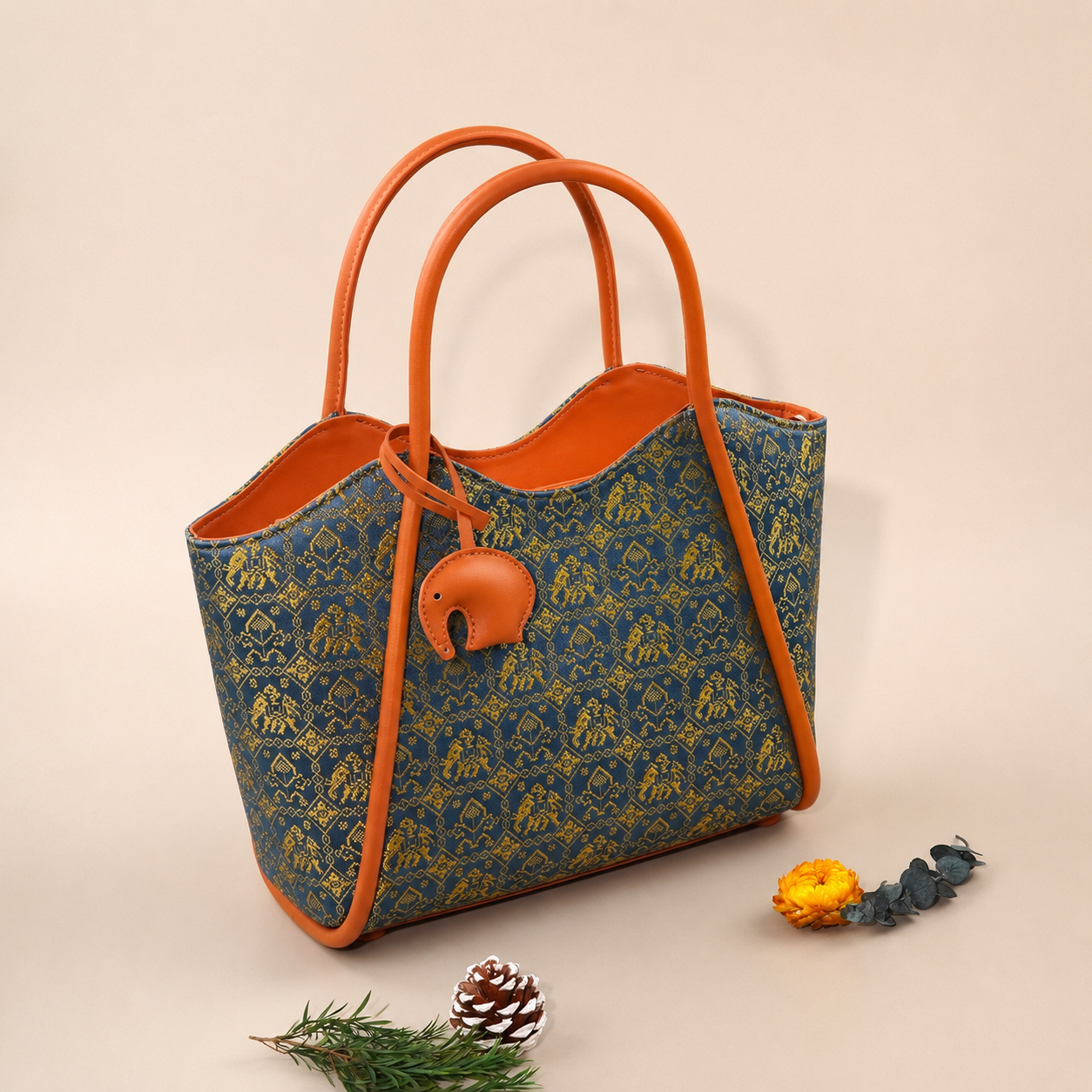 Handwoven Zhuang Brocade Tote Bag | Blue Elephant Heritage Pattern